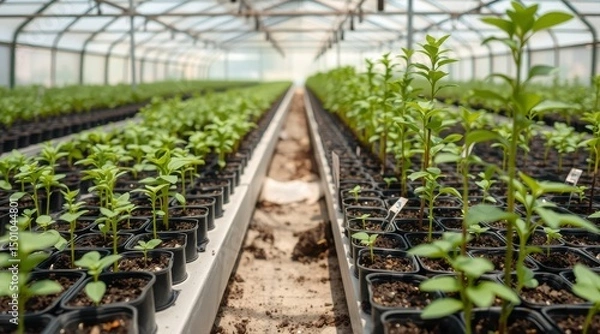 Fototapeta Young plants growing in pots inside a greenhouse, symbolizing growth, care, and sustainable farming