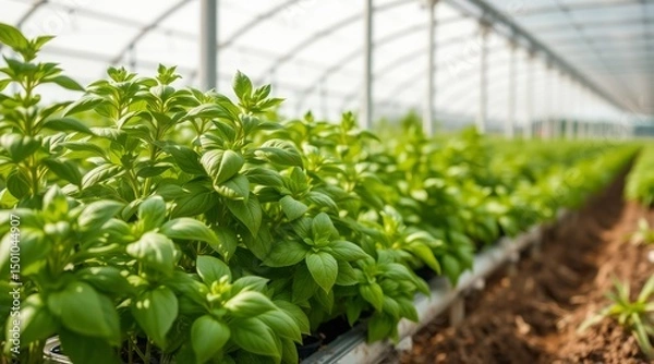 Fototapeta Lush basil plants thriving in a greenhouse, symbolizing health, growth, and sustainable farming
