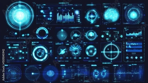Fototapeta Futuristic blue digital interface elements; HUD, data visualizations, and tech displays