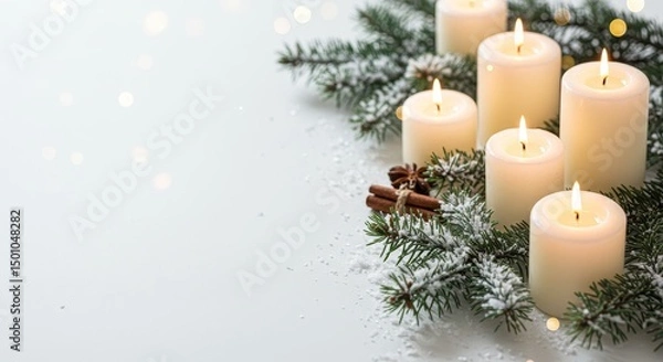 Fototapeta Festive Christmas Scene with Burning Candles Pine Branches and Snow