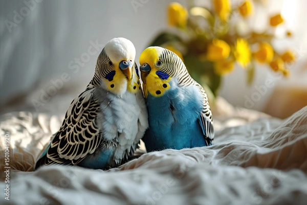 Fototapeta pet budgies perched together, embracing in warm soft-lit home setting. Great for promoting pet friendly spaces and animal welfare messages