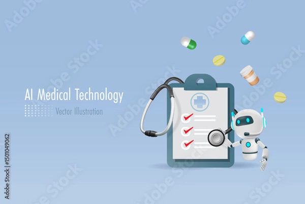 Fototapeta AI robot with medical check list board. Artificial intelligence innovation technology for diagnosis, care, and increasing accuracy patient treatment. Medical technology.