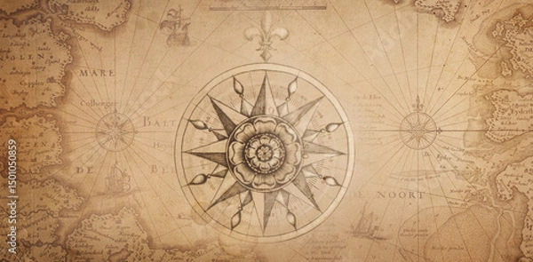 Obraz Old map collage background. A concept on the topic of sea voyages, discoveries, pirates, sailors, geography, travel and history. Effect of overlay on old texture of paper. 