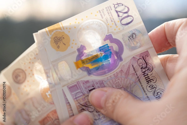 Obraz Close-up female hands counting uk pounds bills, paper money on blurred background, British GBP banknotes, Money Management Accuracy, salary, payments to fund, financial freedom, save up for vacation
