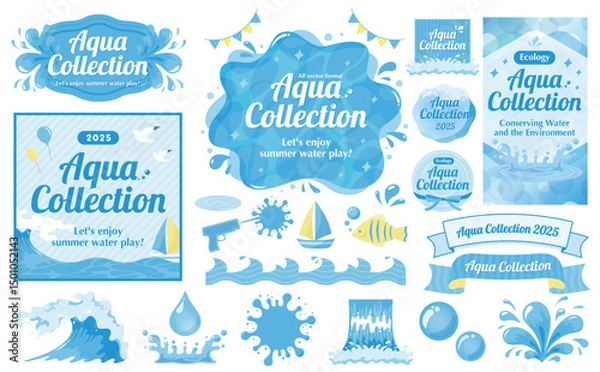 Obraz 滝・海・プールなど水を表現した夏の背景フレーム：波・水しぶきなどカットイラストも