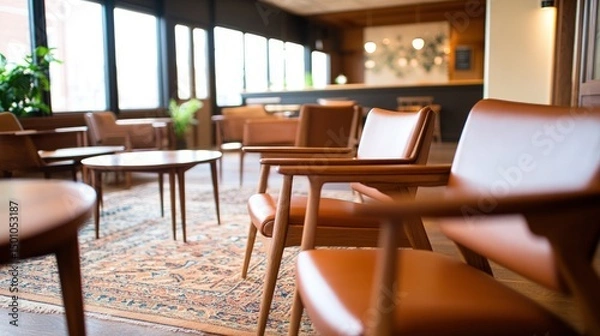 Fototapeta Relaxing retro lounge area with comfortable armchairs and natural light