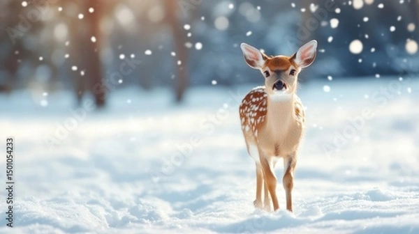 Obraz Fawn in winter snow serene wildlife scene