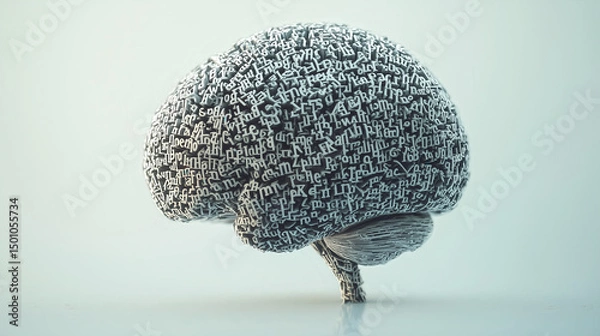 Fototapeta A human brain constructed entirely from letters of the alphabet and various texts. The concept of Idea, Knowledge, Creative, Language, and Intelligence. Generative AI.