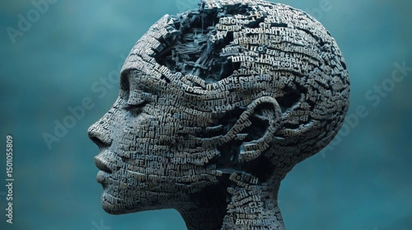 Fototapeta A human brain constructed entirely from letters of the alphabet and various texts. The concept of Idea, Knowledge, Creative, Language, and Intelligence. Generative AI.