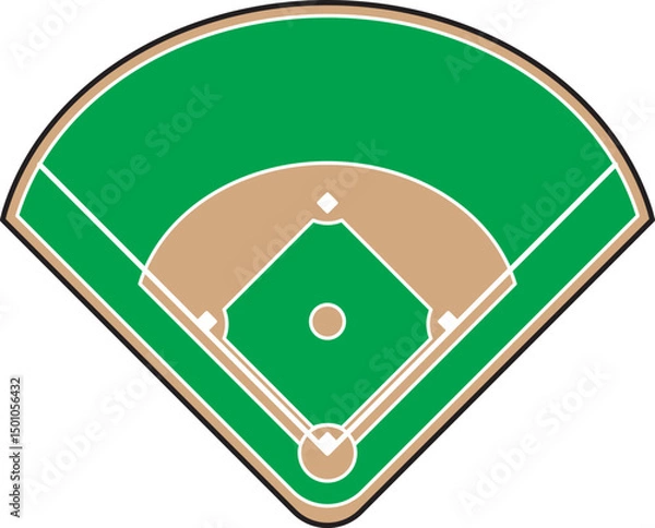 Fototapeta Simple top-down illustration of a baseball field showing infield, bases, pitcher’s mound, and outfield. Great for sports guides, infographics, or educational use.