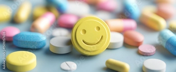 Fototapeta The smiling face among vibrant medication and colorful pills