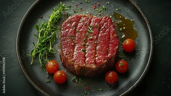 Obraz Steak served on a plate with fresh herbs, and tomatoes. Appetizing and flavorful