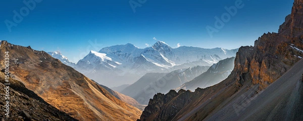 Obraz Panoramic view of the Annapurna III and Gangapurna from view point in the Thorong high camp. Annapurna circuit trekking, Himalaya mountains , Nepal.