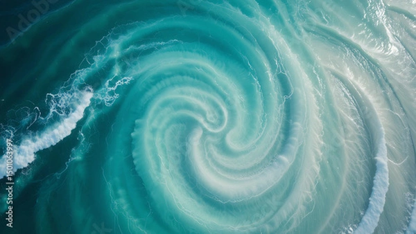 Fototapeta Top-down perspective of clear turquoise ocean with gentle currents creating mesmerizing swirls, sunlight filtering through to expose sandy seabed