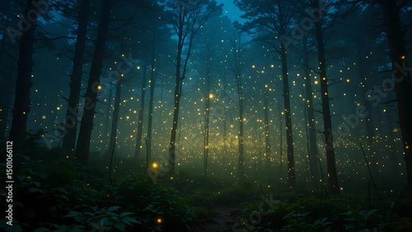 Fototapeta Night scene of thousands of fireflies blinking in perfect synchrony in a misty forest, long exposure capturing light trails, ethereal atmosphere, minimal forest details, focus on light pattern rhythm