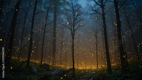 Fototapeta Long-exposure photograph of a forest illuminated by synchronized fireflies, their collective glow creating mesmerizing patterns amidst a softly lit, mist-covered woodland