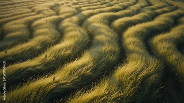 Fototapeta Drone shot capturing the undulating motion of wind-blown grasslands at sunset, highlighting the flowing patterns and serene atmosphere of untouched natural landscapes