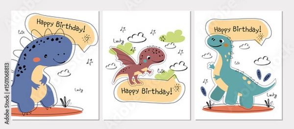 Fototapeta Vectorset of funny birthday card with Dinosaur. Children's card with cute dinosaurs and text Happy Birthday. Dino baby colorful illustration in naive style on white background 