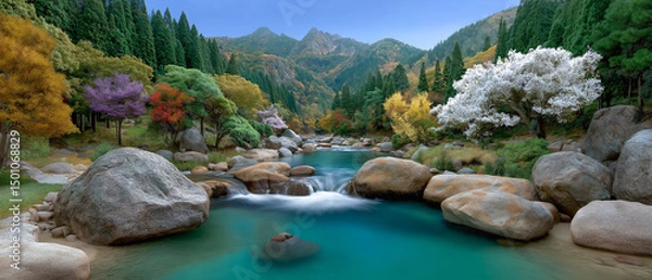 Obraz Tranquil Stream Amidst a Colorful Paradise: A vibrant scene unfolds as a serene stream meanders through a lush landscape, embraced by diverse trees and majestic mountains.