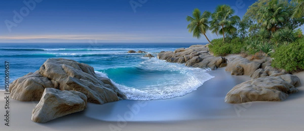 Obraz Paradise Found: Witness the serene beauty of a tropical beach, where crystal-clear turquoise waters gently caress the shore, fringed by lush greenery and towering palm trees, inviting you to unwind.