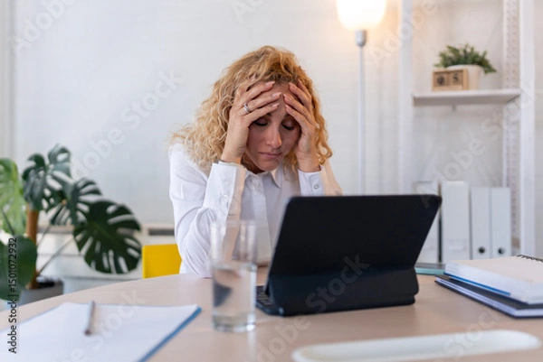Fototapeta Stressed businesswoman holding head in hands while working on laptop at desk in modern office, facing work pressure or burnout.