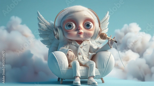 Fototapeta Baby angel with tiny white wings sitting in cloud-shaped armchair wearing oversized headphones and speaking into professional microphone, mischievous smirk with raised eyebrow