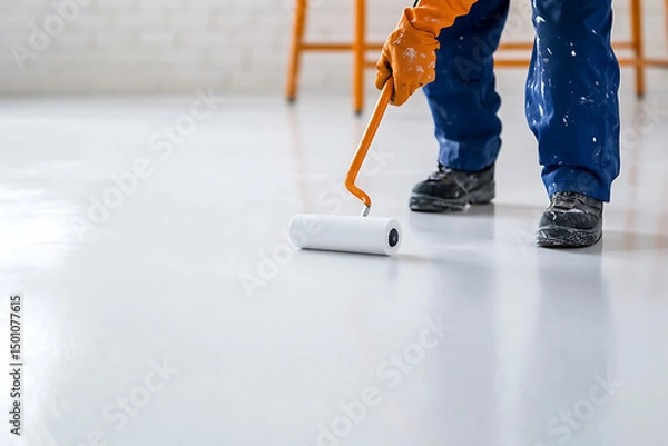 Fototapeta Painting a floor with a paint roller. Person painting a floor with white paint. Floor being renovated and repainted with white paint.
