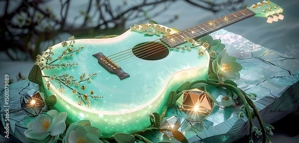 Fototapeta gitar in different colorful background with tubelihgts in ht esting of the guitar abstract lively walpaper background 
