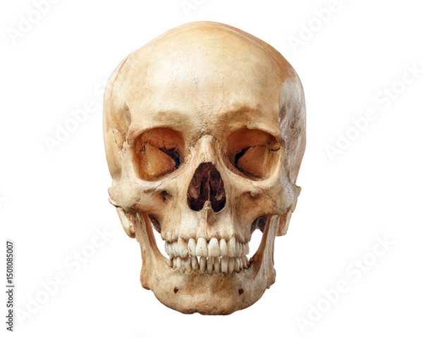 Fototapeta Realistic human skull model, showcasing intricate details and textures, perfect for educational purposes or Halloween decorations. Its lifelike appearance adds touch of eeriness to any setting