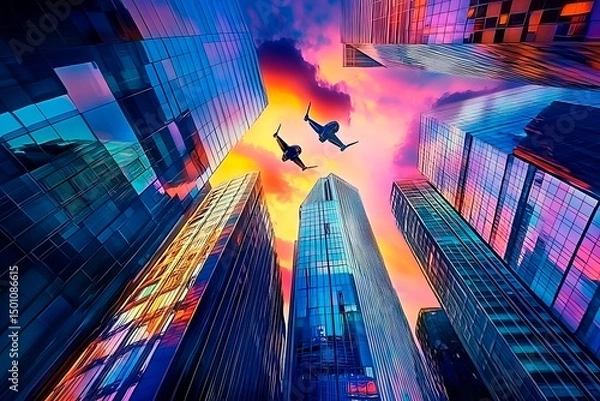 Obraz A stunning futuristic cityscape at dusk featuring metallic skyscrapers with reflective surfaces, flying cars zooming between buildings, and a vibrant neon-lit sunset sky. Rendered in a cyberpunk style