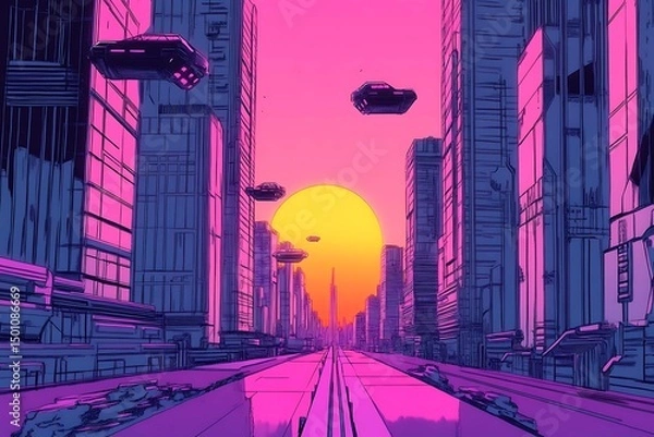 Obraz A stunning futuristic cityscape at dusk featuring metallic skyscrapers with reflective surfaces, flying cars zooming between buildings, and a vibrant neon-lit sunset sky. Rendered in a cyberpunk style