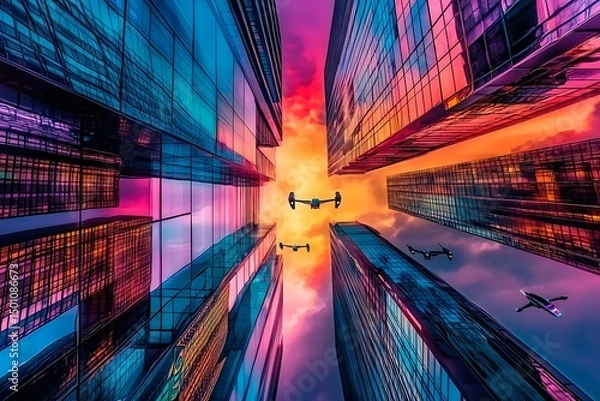 Obraz A stunning futuristic cityscape at dusk featuring metallic skyscrapers with reflective surfaces, flying cars zooming between buildings, and a vibrant neon-lit sunset sky. Rendered in a cyberpunk style