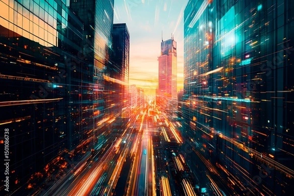 Obraz A stunning futuristic cityscape at dusk featuring metallic skyscrapers with reflective surfaces, flying cars zooming between buildings, and a vibrant neon-lit sunset sky. Rendered in a cyberpunk style