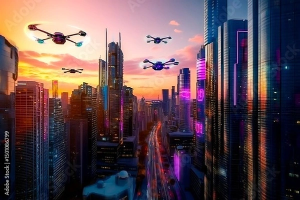 Obraz A stunning futuristic cityscape at dusk featuring metallic skyscrapers with reflective surfaces, flying cars zooming between buildings, and a vibrant neon-lit sunset sky. Rendered in a cyberpunk style