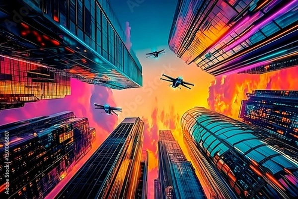Obraz A stunning futuristic cityscape at dusk featuring metallic skyscrapers with reflective surfaces, flying cars zooming between buildings, and a vibrant neon-lit sunset sky. Rendered in a cyberpunk style