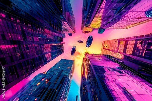 Obraz A stunning futuristic cityscape at dusk featuring metallic skyscrapers with reflective surfaces, flying cars zooming between buildings, and a vibrant neon-lit sunset sky. Rendered in a cyberpunk style