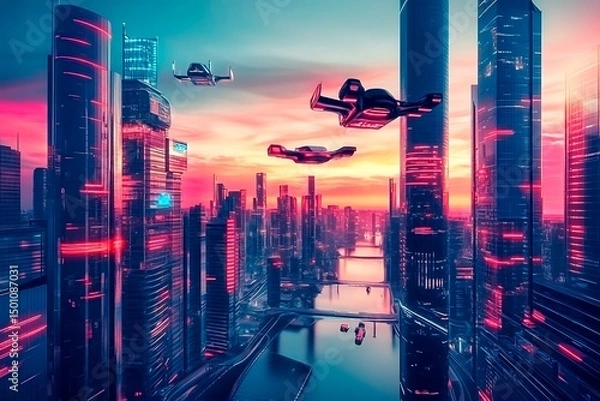 Obraz A stunning futuristic cityscape at dusk featuring metallic skyscrapers with reflective surfaces, flying cars zooming between buildings, and a vibrant neon-lit sunset sky. Rendered in a cyberpunk style