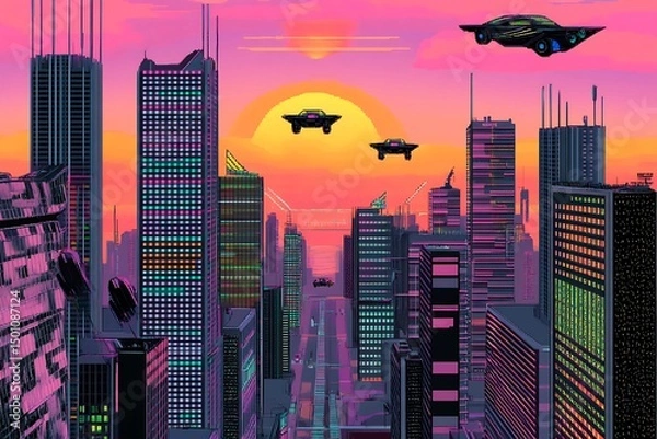 Obraz A stunning futuristic cityscape at dusk featuring metallic skyscrapers with reflective surfaces, flying cars zooming between buildings, and a vibrant neon-lit sunset sky. Rendered in a cyberpunk style