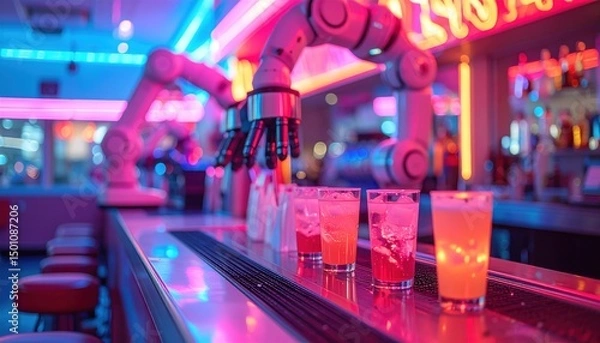 Fototapeta Robot arms serving drinks in a brightly lit neon bar
