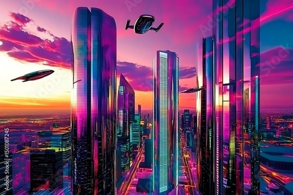 Obraz A stunning futuristic cityscape at dusk featuring metallic skyscrapers with reflective surfaces, flying cars zooming between buildings, and a vibrant neon-lit sunset sky. Rendered in a cyberpunk style