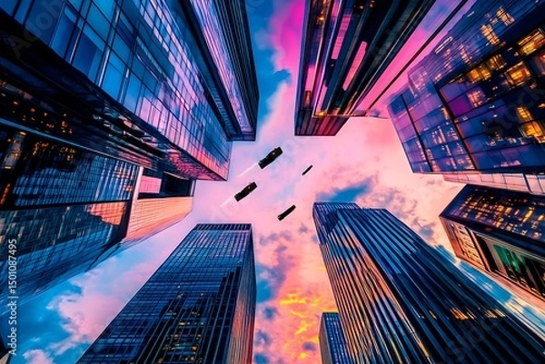 Obraz A stunning futuristic cityscape at dusk featuring metallic skyscrapers with reflective surfaces, flying cars zooming between buildings, and a vibrant neon-lit sunset sky. Rendered in a cyberpunk style