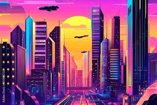 Obraz A stunning futuristic cityscape at dusk featuring metallic skyscrapers with reflective surfaces, flying cars zooming between buildings, and a vibrant neon-lit sunset sky. Rendered in a cyberpunk style