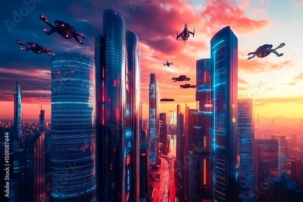 Obraz A stunning futuristic cityscape at dusk featuring metallic skyscrapers with reflective surfaces, flying cars zooming between buildings, and a vibrant neon-lit sunset sky. Rendered in a cyberpunk style