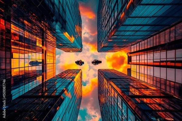 Obraz A stunning futuristic cityscape at dusk featuring metallic skyscrapers with reflective surfaces, flying cars zooming between buildings, and a vibrant neon-lit sunset sky. Rendered in a cyberpunk style