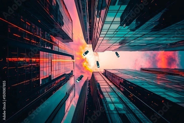 Obraz A stunning futuristic cityscape at dusk featuring metallic skyscrapers with reflective surfaces, flying cars zooming between buildings, and a vibrant neon-lit sunset sky. Rendered in a cyberpunk style