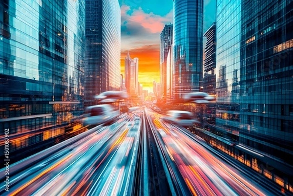 Obraz A stunning futuristic cityscape at dusk featuring metallic skyscrapers with reflective surfaces, flying cars zooming between buildings, and a vibrant neon-lit sunset sky. Rendered in a cyberpunk style