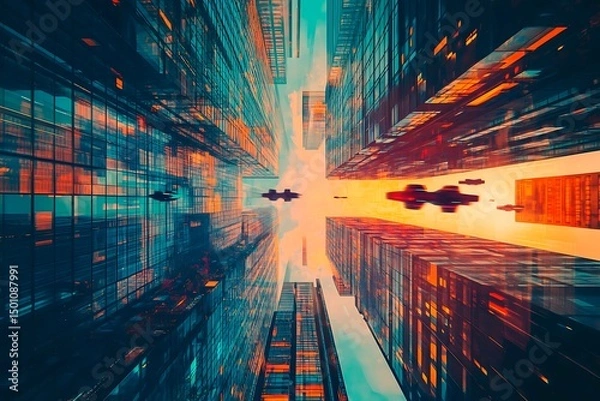 Obraz A stunning futuristic cityscape at dusk featuring metallic skyscrapers with reflective surfaces, flying cars zooming between buildings, and a vibrant neon-lit sunset sky. Rendered in a cyberpunk style