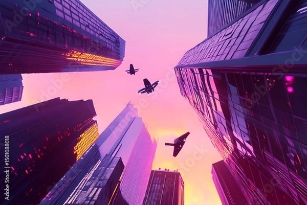 Obraz A stunning futuristic cityscape at dusk featuring metallic skyscrapers with reflective surfaces, flying cars zooming between buildings, and a vibrant neon-lit sunset sky. Rendered in a cyberpunk style