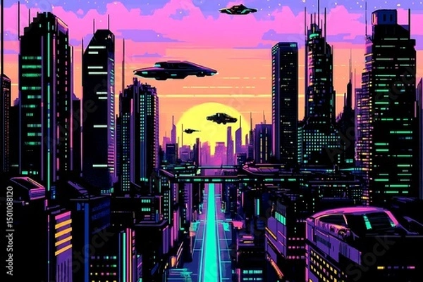 Obraz A stunning futuristic cityscape at dusk featuring metallic skyscrapers with reflective surfaces, flying cars zooming between buildings, and a vibrant neon-lit sunset sky. Rendered in a cyberpunk style