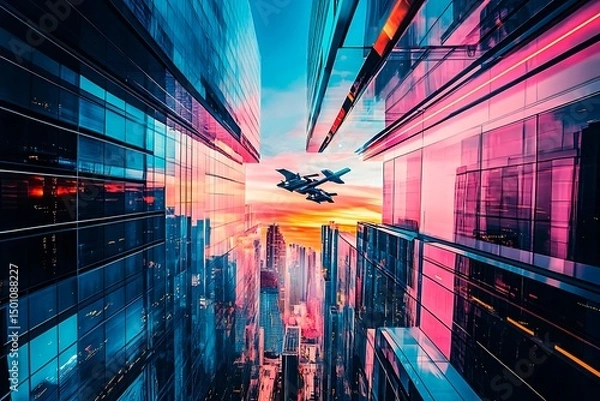 Obraz A stunning futuristic cityscape at dusk featuring metallic skyscrapers with reflective surfaces, flying cars zooming between buildings, and a vibrant neon-lit sunset sky. Rendered in a cyberpunk style